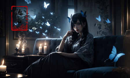606247209521969389-3777312118-with a girl on a sofa surrounded by candles,_matte photo, dark gray and blue, dream-like atmosphere，butterfly，__lora_cinematic s.jpg